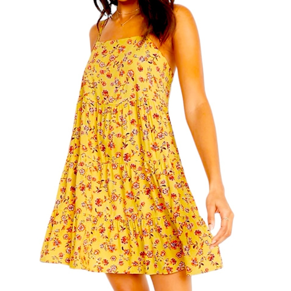 Old Navy Yellow Multicolored Floral Tiered Swing Dress, Petite Size Medium